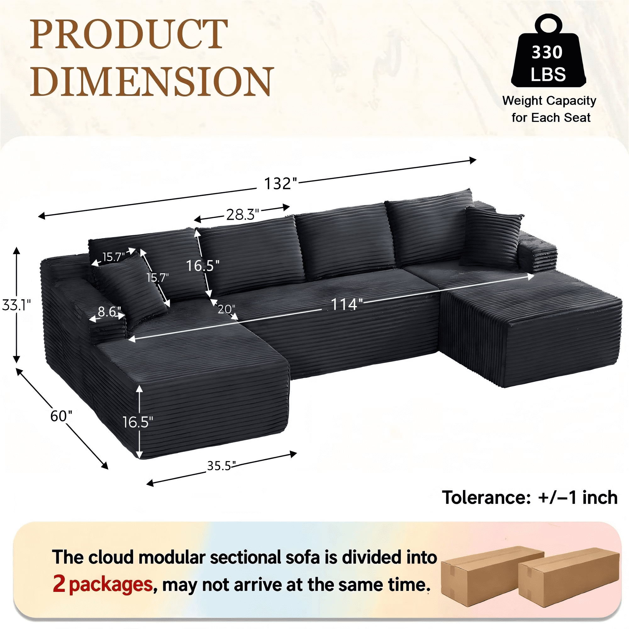 Aukfa 132" U Shape Cloud Sectional Sofa Oversized Modular Boneless Couch, Double Chaise Corduroy Sofa for Living Room, Dark Gray