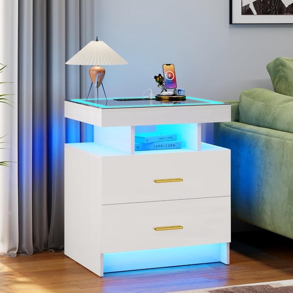 Night Stand with Wireless Charging and LED Lights for Bedroom,Bedside Table with Glass Tabletop and 2 Drawer Design Ideal for Living Room. (White)