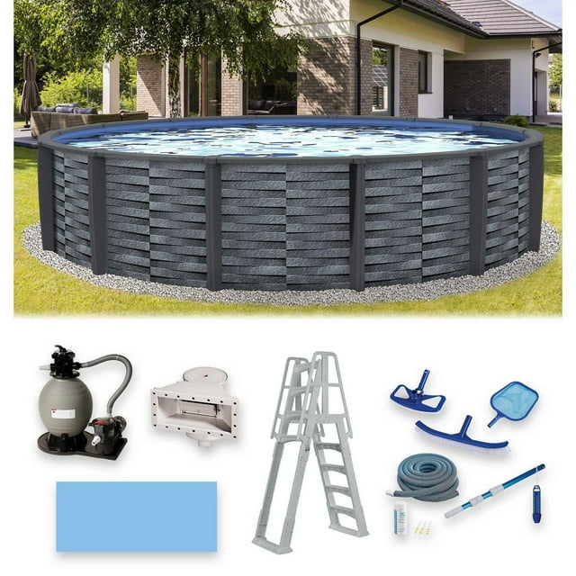 Affinity 15-ft round above-ground resin swimming pool with 52-inch depth and 7-inch top rail, displayed filled with water in a backyard. Includes filter pump, skimmer, ladder, cleaning tools, hose and maintenance kit.
