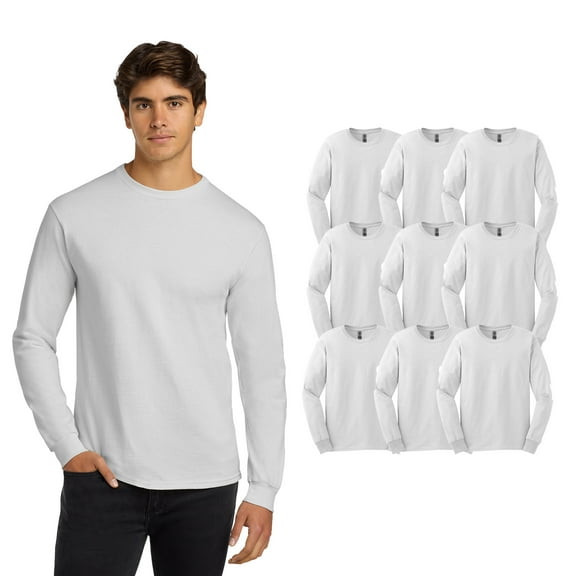 Gildan Men Long Sleeve Crewneck T-Shirt, Ultra Cotton Classic Fit White Tee Bulk, 9 Pack, L