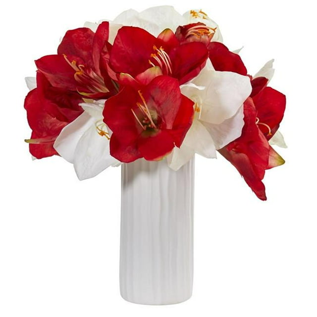 Nearly Natural 1860-AS Amaryllis Artificial Arrangement in White Vase - Assorted Color