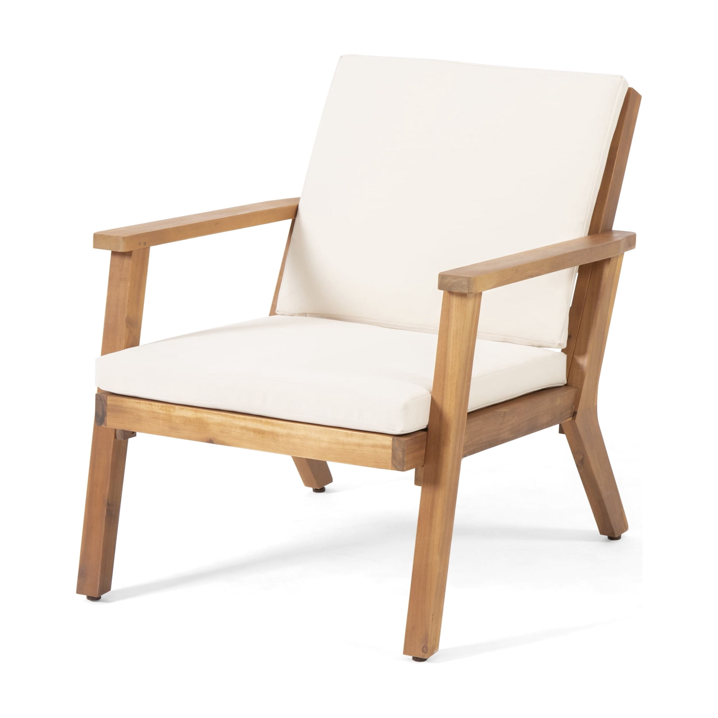 Outdoor Cushioned Single Chair Set of 2, Acacia Wood Frame Relaxing Seats for Patio Garden, Teak and Cream