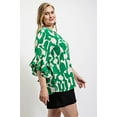 thumbnail image 3 of Saronite Geometric Printed Ruffled Bell Button Down Sleeve Woven Top Shirt, Green (Women's), 3 of 5