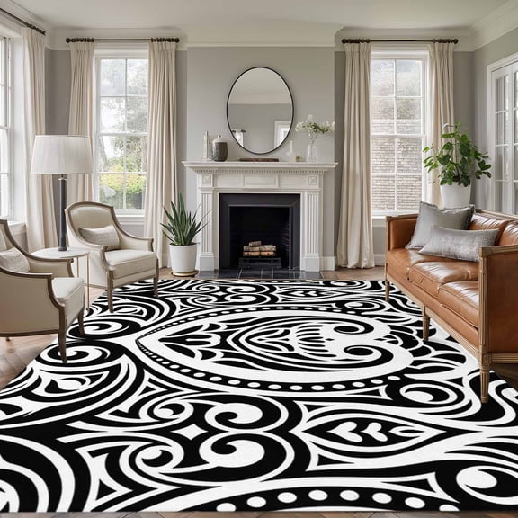 5'x7' Area Rugs for Living Room Bedroom, Polynesia Texture Washable Rug Carpet Runner Indoor Outdoor, Vintage Floral Tribe Abstract Art Black Non Slip Floor Mats Area Rug for Kitchen, Nursery