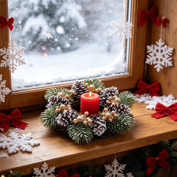 Christmas Table Decor Candle Ring Wreath, Artificial Leaves Candles Holders Wreath for Indoor Christmas Decorations Home Dining Tables