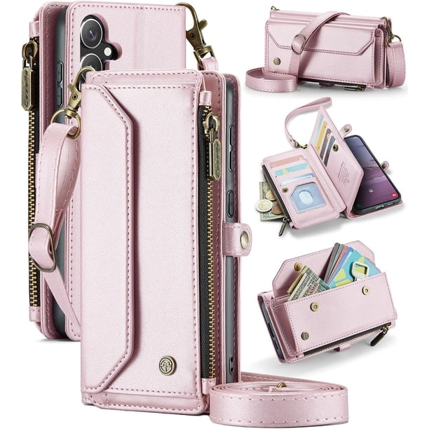 Estuche tipo billetera Compatible con Samsung Galaxy S24 FE Estuche para teléfono con Bolsillo con Cremallera y Correa Magnética para el Hombro con Cierre a presión de Cuero PU "