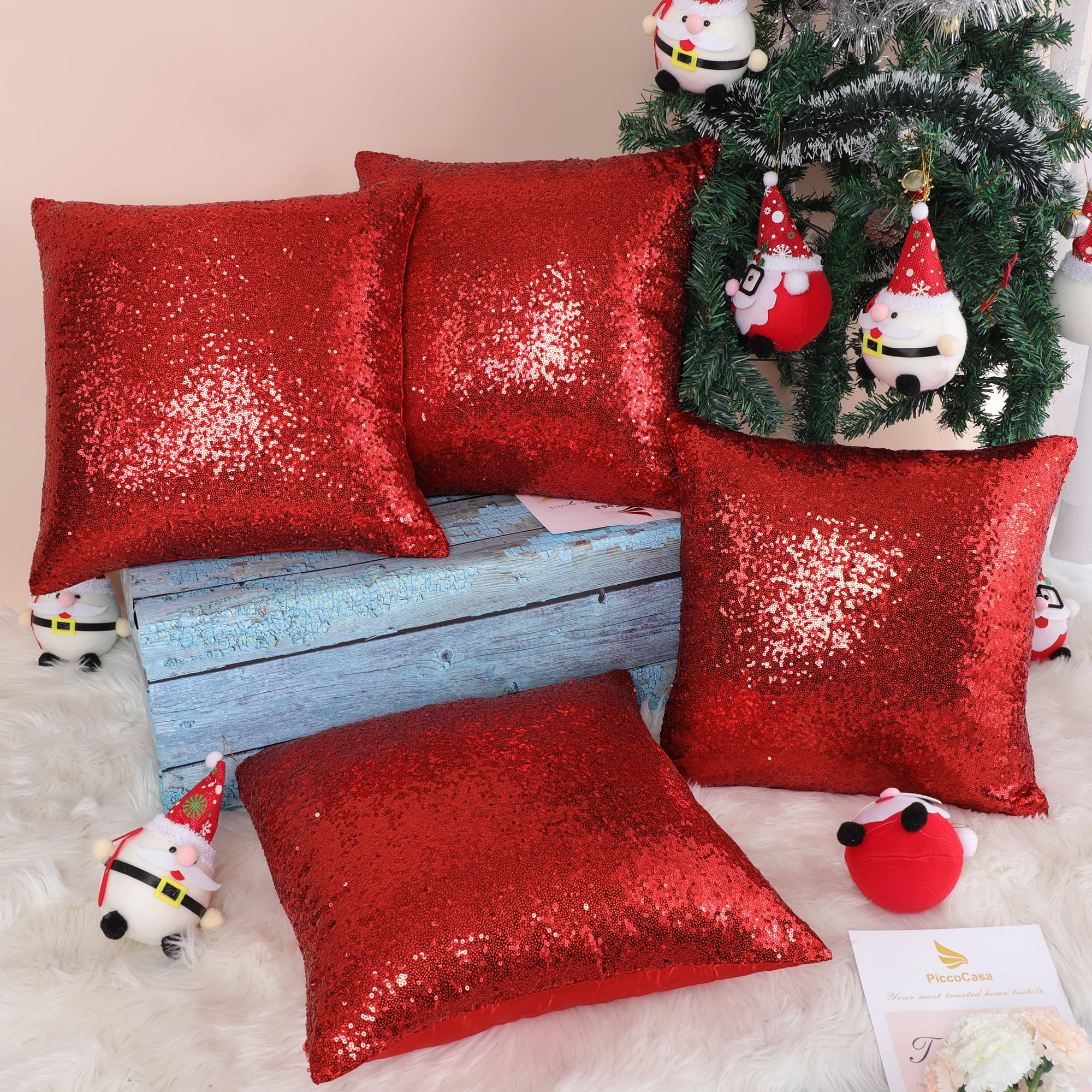 Unique Bargains 4Pcs Glitter Sequins Throw Pillow Covers 18" x 18" Red