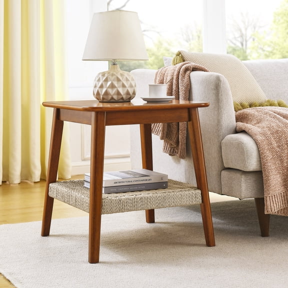 23" Mid-Century Side Table with Woven Storage Shelf – Boho Small End Table for Living Room Couch Bedside Patio Home Office