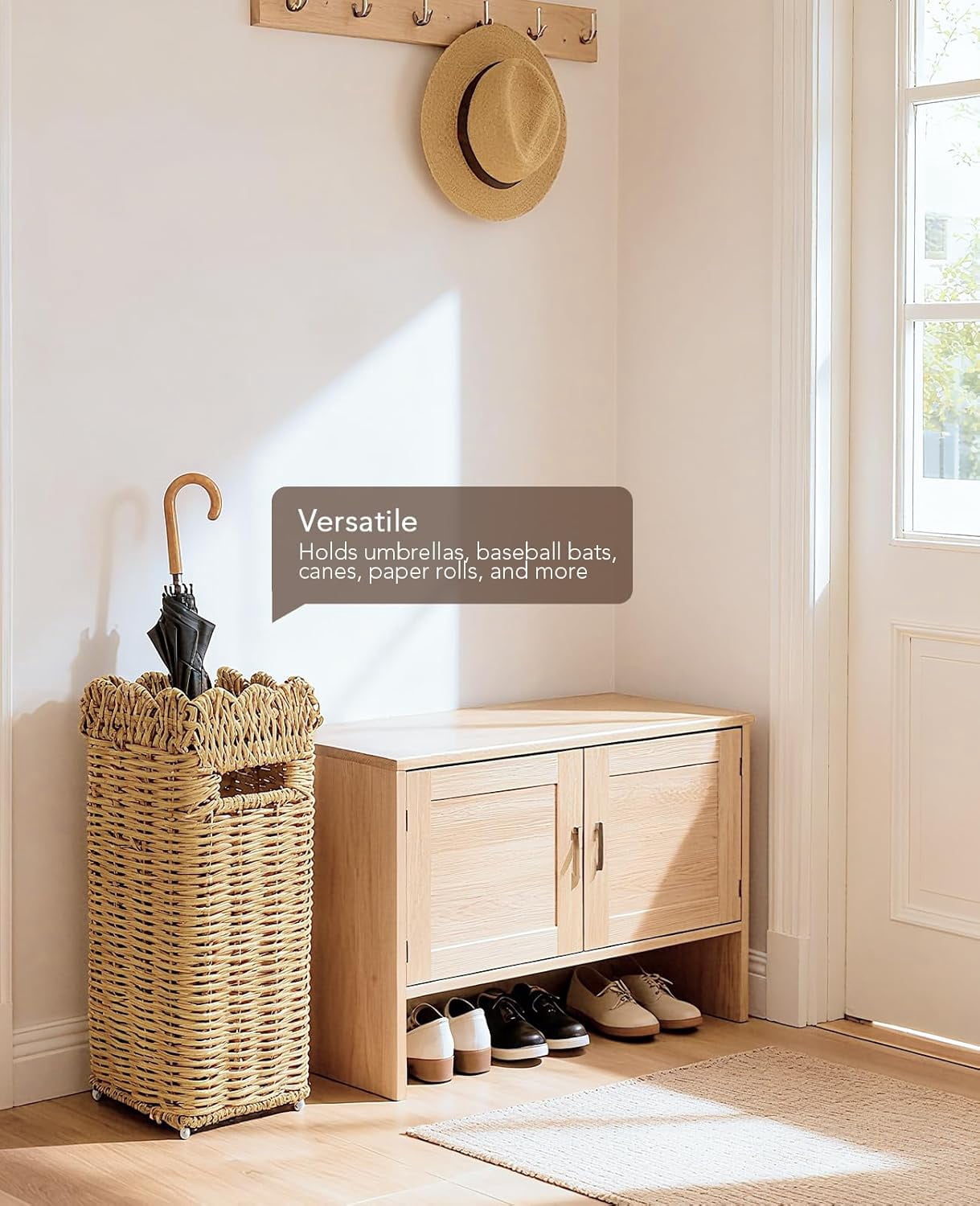 Woven Umbrella Stand for Entryway, PE Rattan Umbrella Holder Basket with Removable Drip Tray, Scalloped Square Cane Stand for Umbrellas, Walking Sticks, Wrapping Paper, Farmhouse Porch Decor