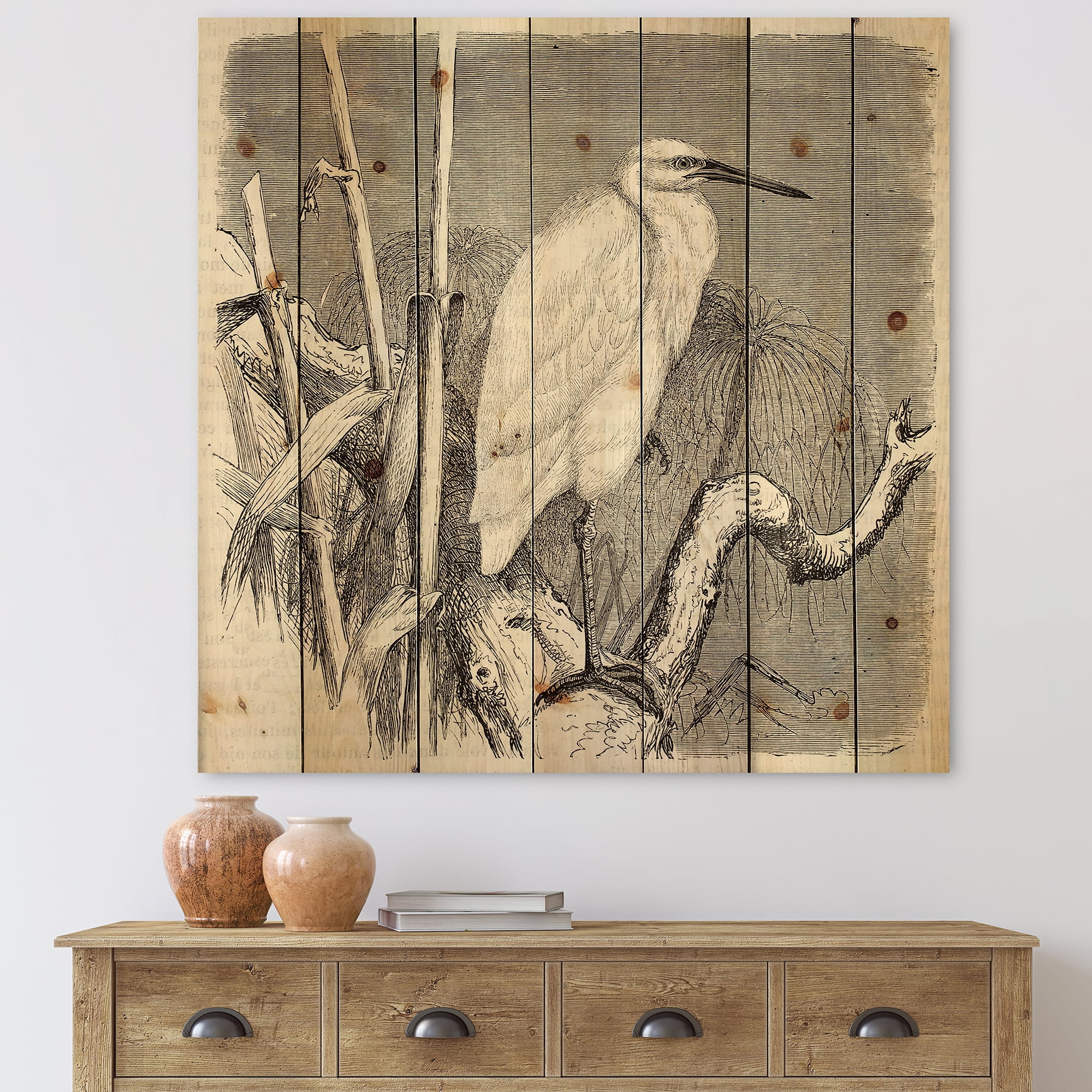 Designart 'Little Egret Bird in Monochrome' Farmhouse Print on Natural Pine Wood