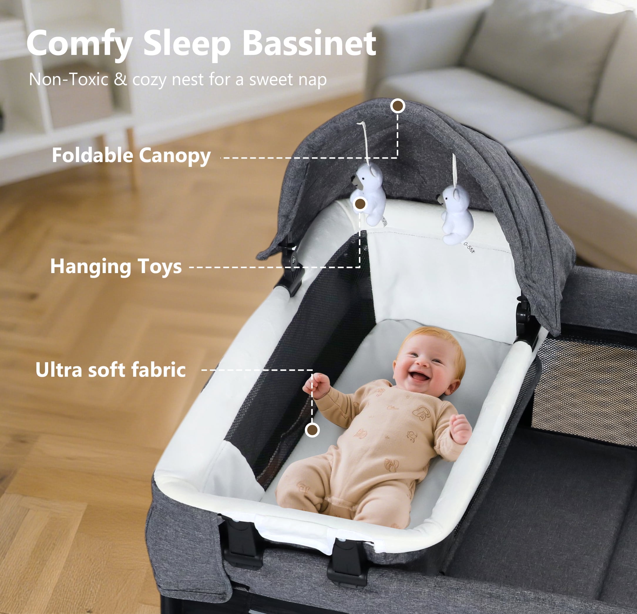 LINLUX Pack and Play w/ Bassinet & Changing Table, Baby Playard for Toddler, Newborn Crib Baby Bed,Black