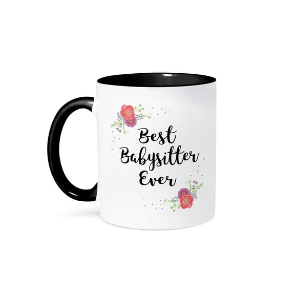 3dRose, Floral Best Babysitter Ever watercolor pink flowers Baby Sitter gift, 11oz Two-Tone Black Mug