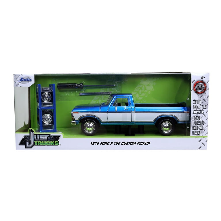 1979 Ford F 150 Custom Pickup Truck with Extra Wheels Candy Blue and White Jada Toys 32309 4 1 24 scale Diecast Model Toy Car