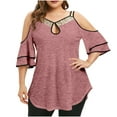 thumbnail image 1 of Yuyuzo Cold Shoulder Tops for Women Plus Size Ruffle Short Sleeve Shirts Keyhole V Neck Pleated Irregular Hem Blouses, 1 of 6