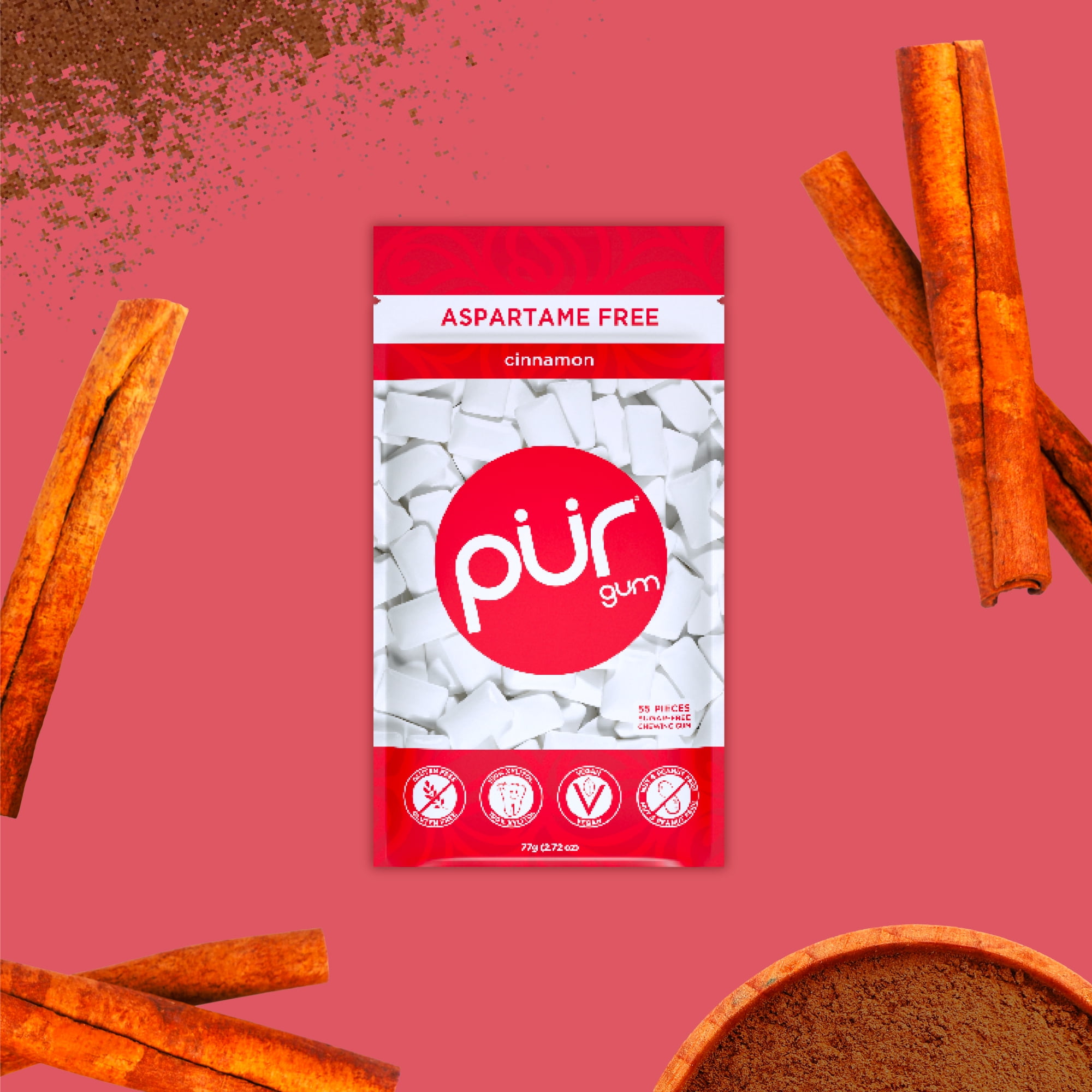 PUR Gum, Cinnamon, Aspartame Free, Sugar Free & 100% Xylitol Chewing Gum, 55 Pieces, Pack of 12