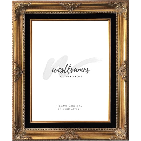 Antique Wood Baroque Picture Frame 3" Wide (Gold Black Velveteen Liner, 16" x 20" Empty Frame , No Plexiglass)