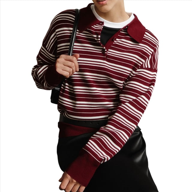 Camisa de Rayas para Mujer, Larga, Color Block, Cuello con Muescas, Camiseta de Verano Rojo L
