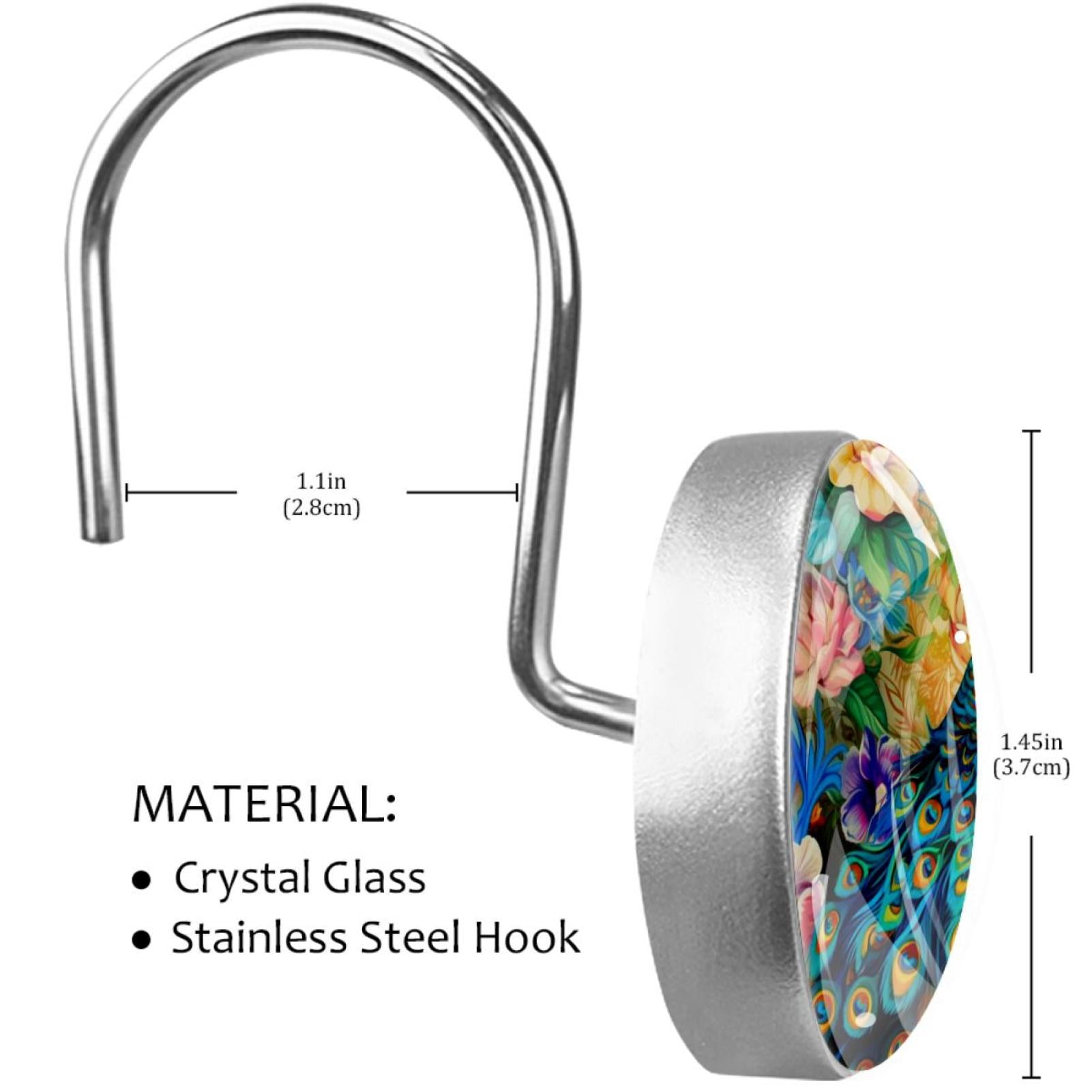 Peacock Shower Curtain Hooks （Set of 12） for Home Hotel Shower Rods Bathroom Crystal Glass Print Stainless Steel Round Curtain Hooks