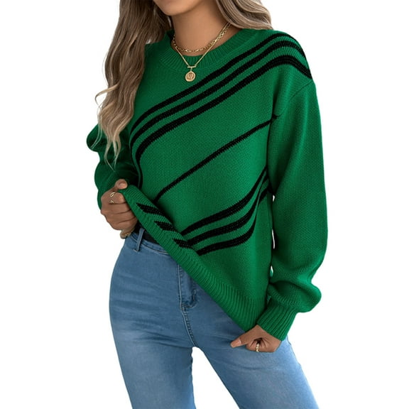 Women'S Casual Striped Round Neck Lantern Long Sleeve Pullover Sweater Green S