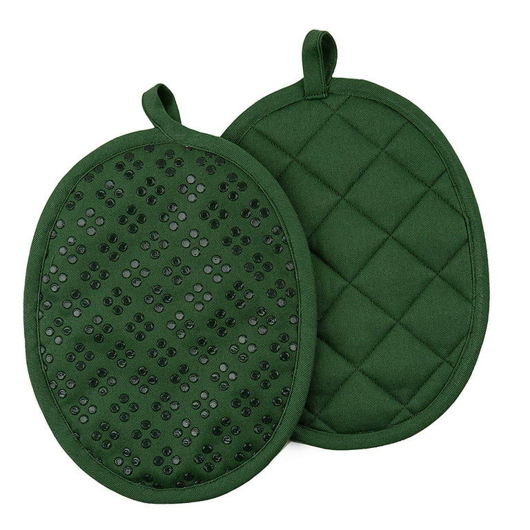 Pot Holders for Kitchen Heat Resistant Cotton Linen with Silicone Non-Slip  Texture Thick Terry Lining Set of 2 Green Grid 
