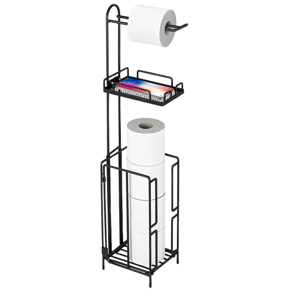 Standing Toilet Paper Holder with Shelf, Floor Roll Paper Organizer for Bathroom, Matte Black Metal Stand with Spare Roll Storage and Top Tray for Phone, Easy Placement, Neat Bathroom Organization
