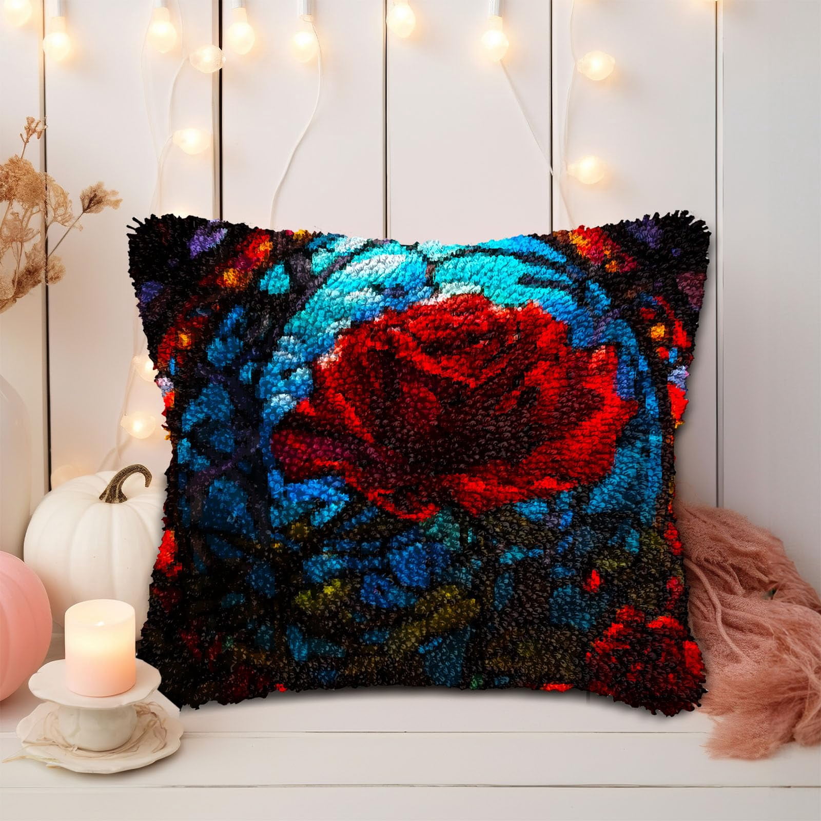 Stained Glass Red Rose DIY Latch Hook Pillow Kits for Adults Printed Pillowcase Crochet Yarns Hooking Handmade Pillow Cover Cushion for Home Sofa Decoration 17x17inch