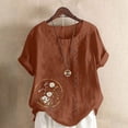 thumbnail image 2 of Cmfcve Women's Cotton Linen Tee Shirt Short Sleeve Round Neck Gauze Tops Printed Henley Button Blouse, 2 of 5