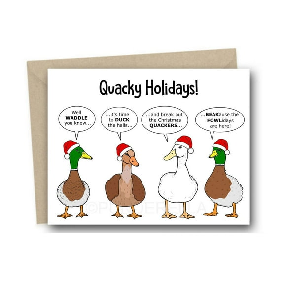 Quacky Holidays Christmas Card – Funny Duck-Themed Design with Holiday Puns – Includes Envelope, Perfect for Merry Greetings and Seasonal Wishes