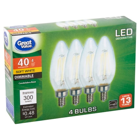 Great Value LED Decorative 4 Watts Soft White Candelabra Base Bulbs, 4 count