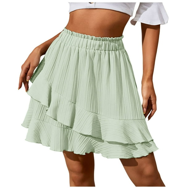 Falda irregular con volantes de cintura alta para mujer: falda elástica de poliéster de color liso para primavera/verano/otoño, lavable a máquina.