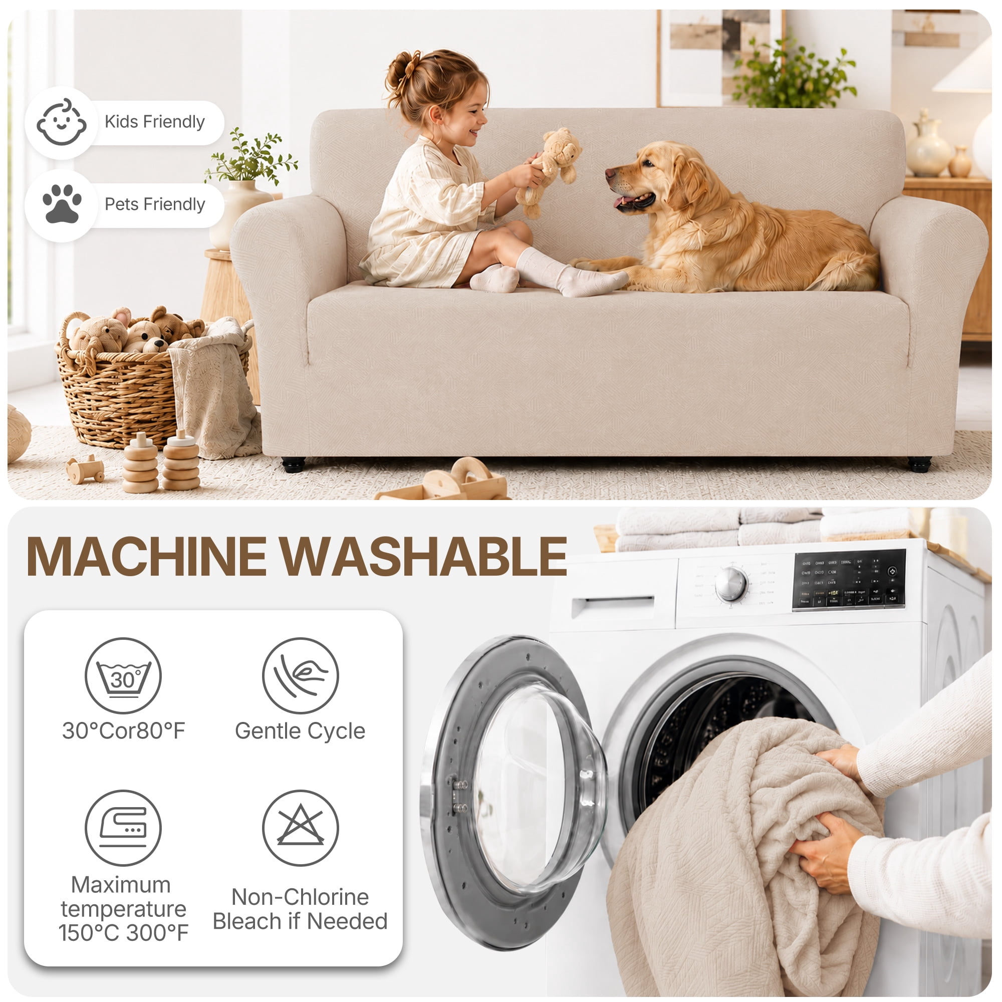 JIATER 1-Piece Sofa Cover Stretch Couch Cover Washable Sofa Slipcover Furniture Protector for 3 Cushion Sofa,Beige