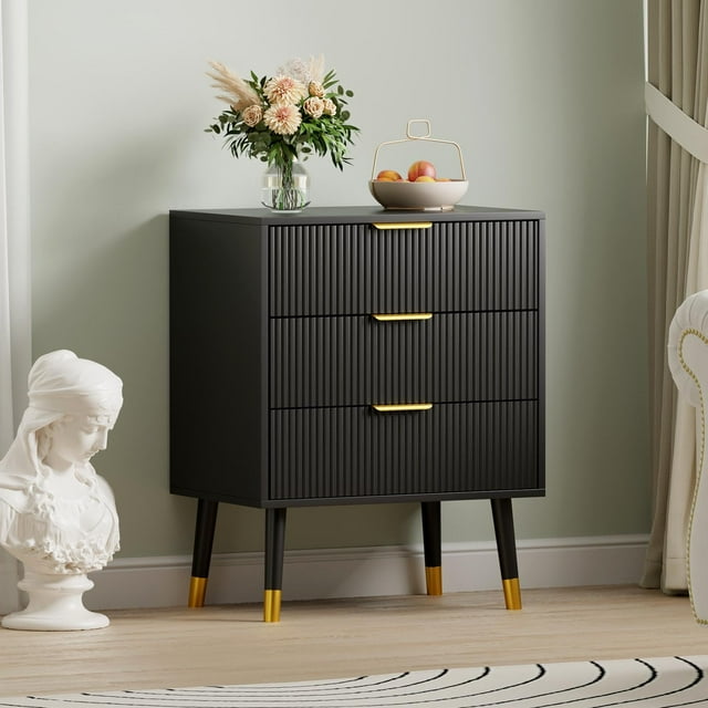Commode Moderne Cannelée à 3 Tiroirs - Armoire de Rangement en Bois avec Poignées en Métal Doré - Coffre d'Appoint pour Chambre, Salon, Entrée - Table de Chevet Polyvalente