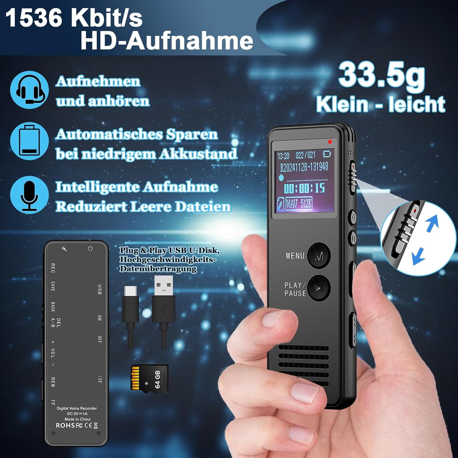 Samovi 64GB Digital Voice Recorder, 1536 Kbps Audio Recorder with Playback, Voice Activated Recording, Noise Reduction, 40H Battery Life, MP3 Player for Meetings, Lectures, Interviews