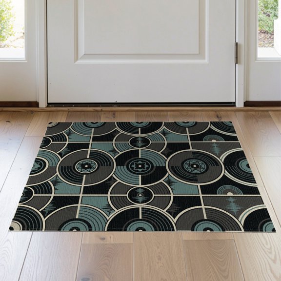ODIKA 2'x3' Washable Accent Rug Pet Friendly, Bedside Mat Record Vinyl Spinning Disc Glossy Grooves Cream Border Round for Bedroom, Nursery, RV