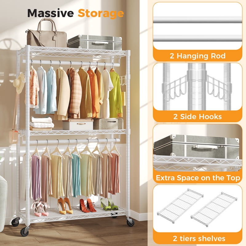 Gianna 45 Inch Rolling Clothes Rack, Adjustable Metal Shelves, Heavy Duty Clothes Rack with Side Hooks for Household, Laundry Room, White