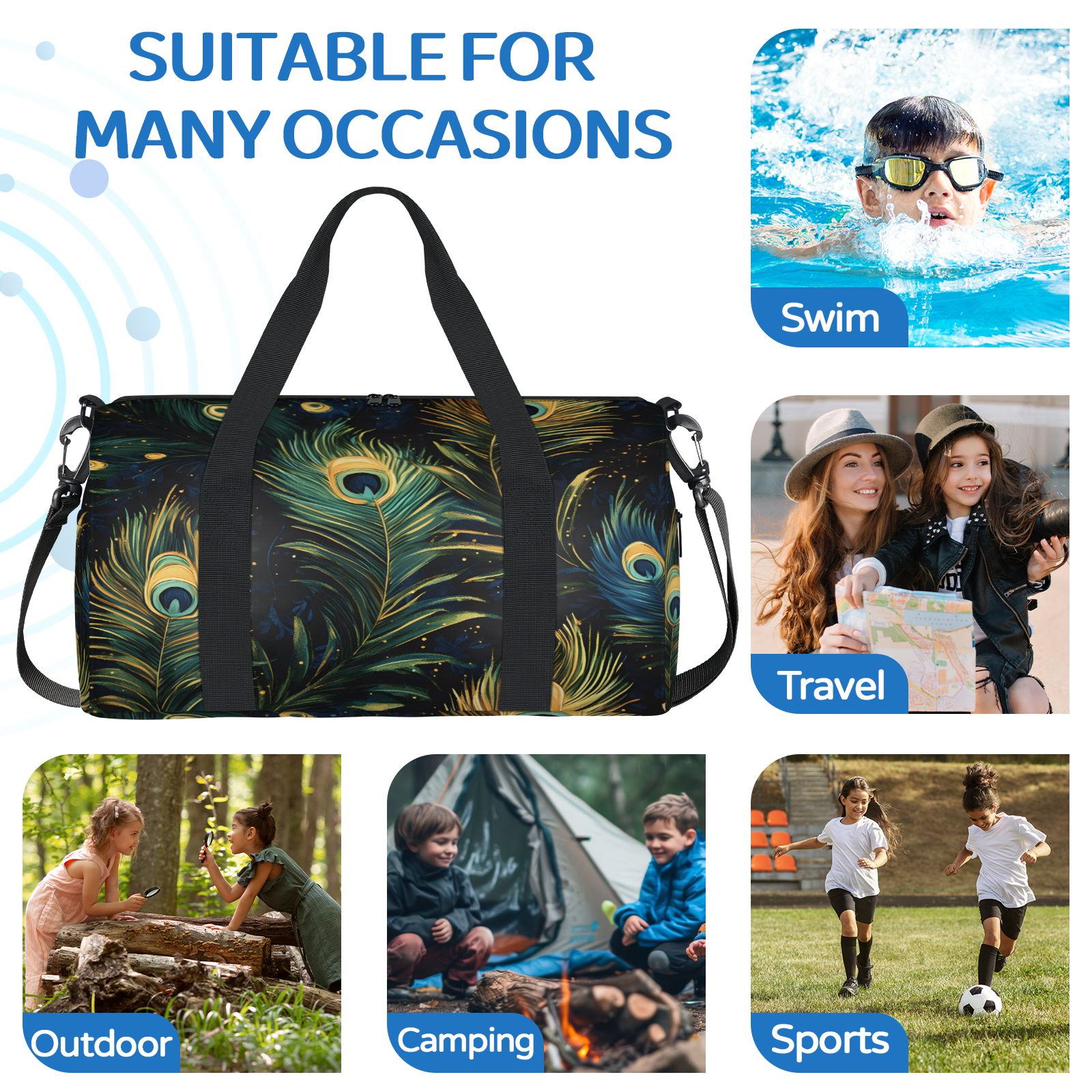 Herdesigns Vintage Peacock Feather Gym Bag for Women, Duffle Bag for Travel Sport, Lightweight Waterproof Carry on Weekender Dance Yoga Workout Bags