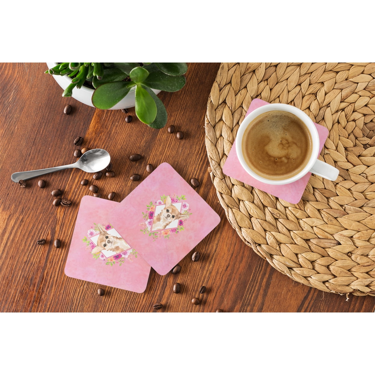 Carolines Treasures CK4245FC Chihuahua Pink Flowers Foam Coaster Set of 4 3 1/2 x 3 1/2 multicolor