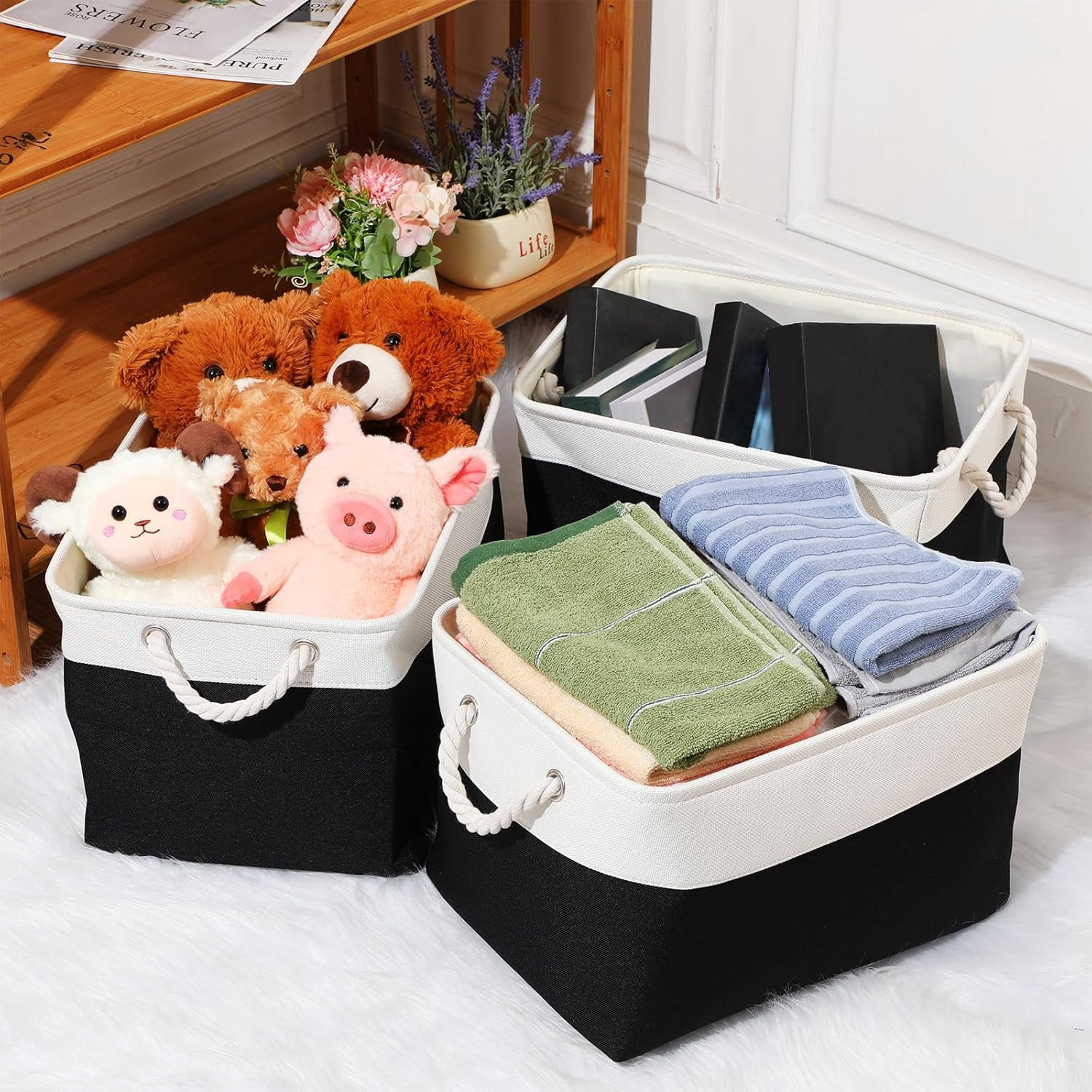 8 Pack Collapsible Storage Bins Fabric Storage Bins Polyester Fabric Storage Baskets with Handles Linen Closet Organizer for Shelf Home Closet Towels Toys (Black Gray, 15 x 11 x 9.5 in)
