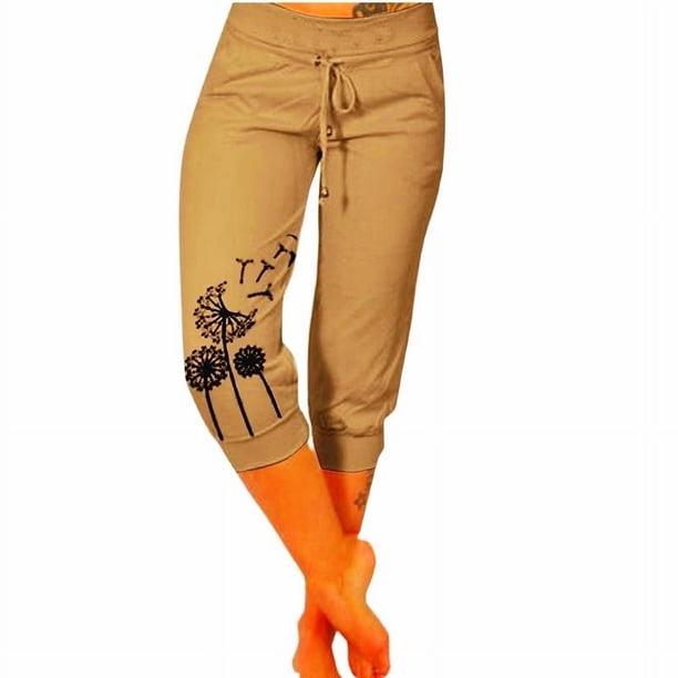 Pantalones de verano para mujer, diseño de cordón elástico en la cintura con estampado, pantalones deportivos casuales recortados para mujer