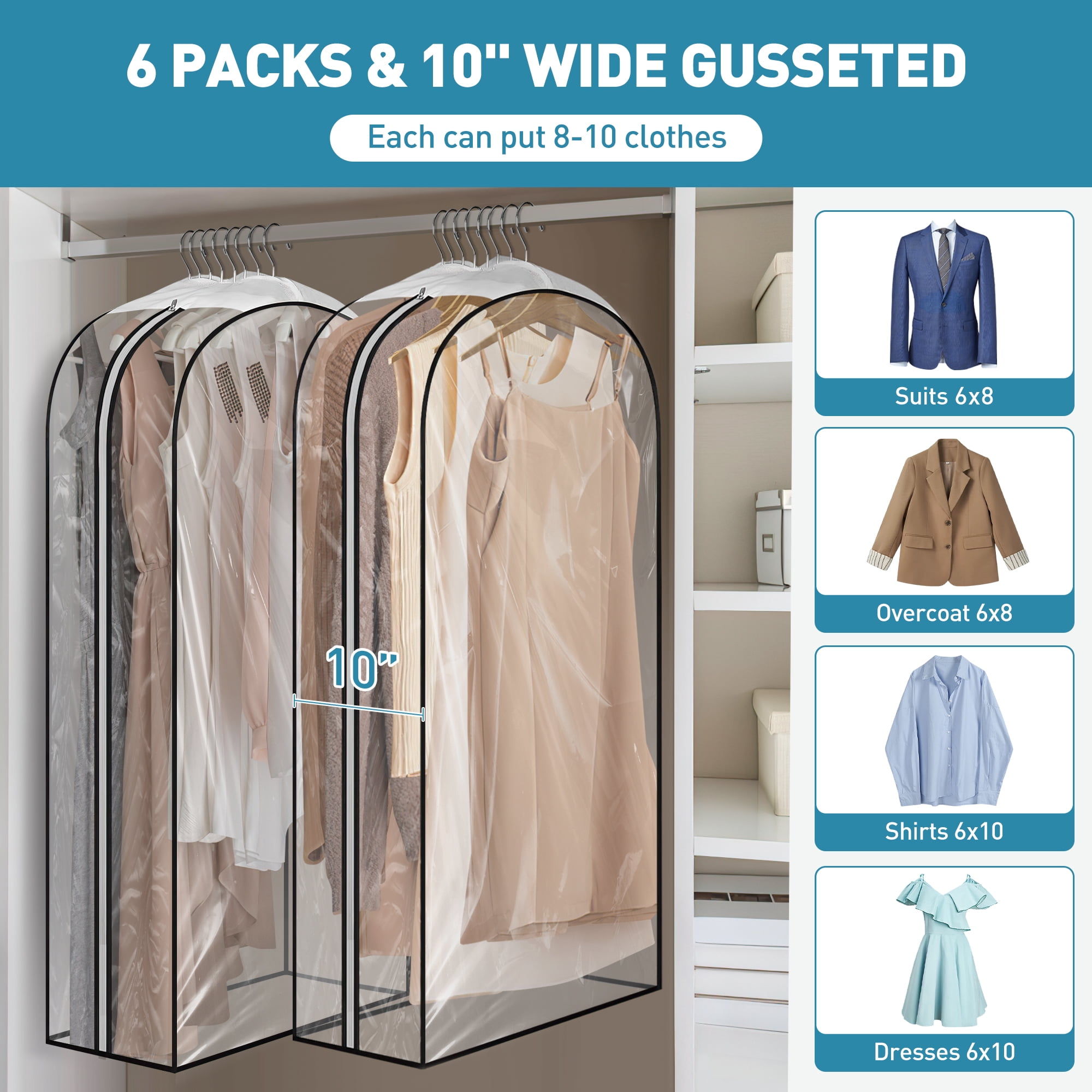 DAKOMM 43'' Garment Bag for Haning Clothes, 6 Pack 10'' Gusseted Suit Bag for Clothes, Shirts, Coats, Dresses, Plastic Protector for Clothes W/ PEVA Material, Waterproof & Odorless, Easy Clean