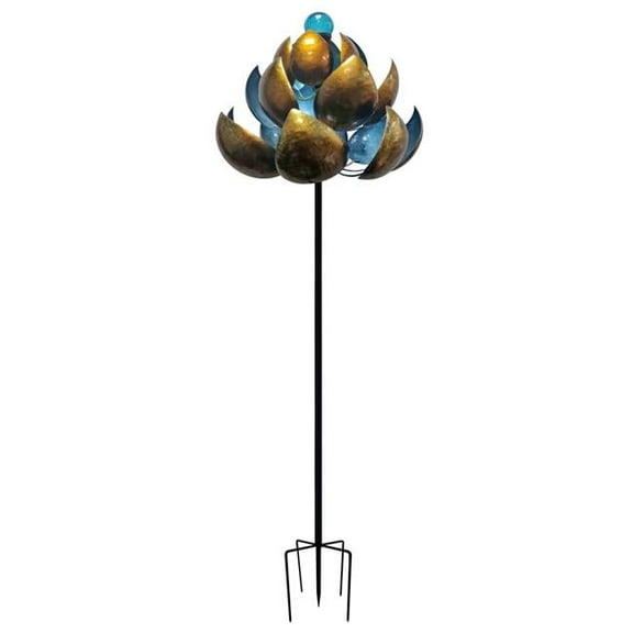 Continental Art Center 250071 Solar Metal Horizontal Lotus Kinetic Spinner Stake - Gold & Blue Petals