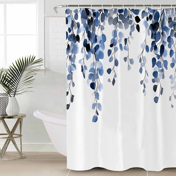 Navy Blue Eucalyptus Leaves Bathroom Curtain 78 Inch Shower Curtain with Hooks, Summer Watercolor Leaf Waterproof Polyester Bath Curtain Washable Bathtub Curtain 54''x 78''