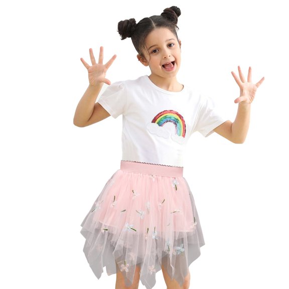 Tulle Tutu Skirt for Girl Summer Casual Elastic Waist Cotton Lining Floral Embroidered Skirts Cute Holiday Girls Fashion, Pink, 4 Years