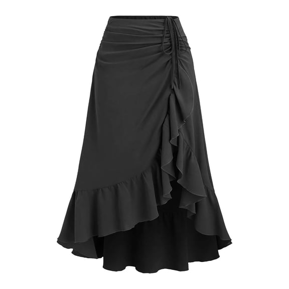 Women's Asymmetrical Ruffle Wrap Midi Skirts Flowy Western Cowgirl Skirts (Black XXL)
