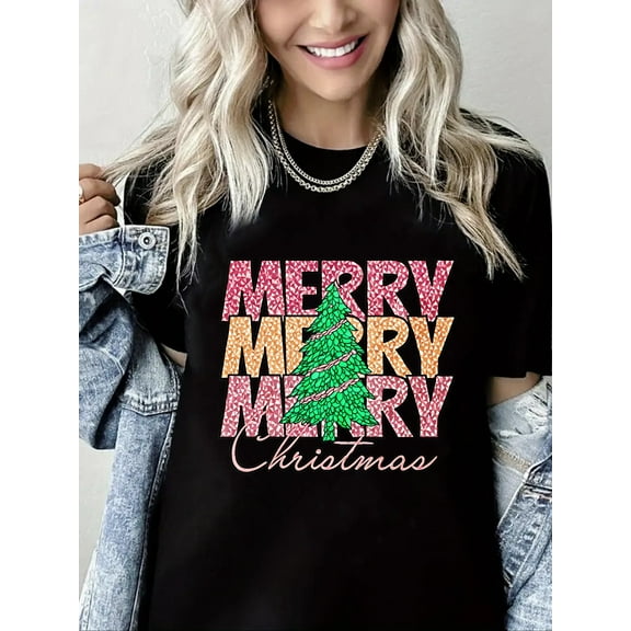 Merry Christmas Tshirt Christmas Tree Print Short Sleeve Shirt for Women