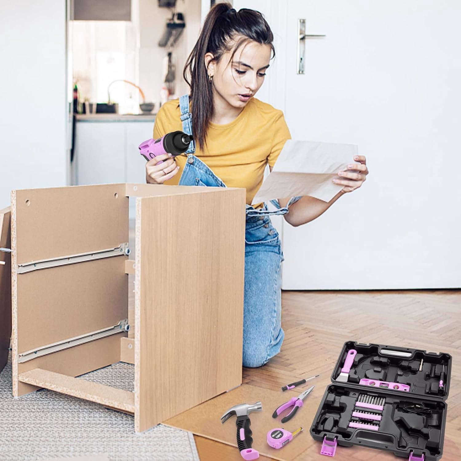 40pcs Pink Cordless Electric Drill, 3.6V Cordless Power Screwdriver Kit for Home DIY, Repairs, and Assemblies