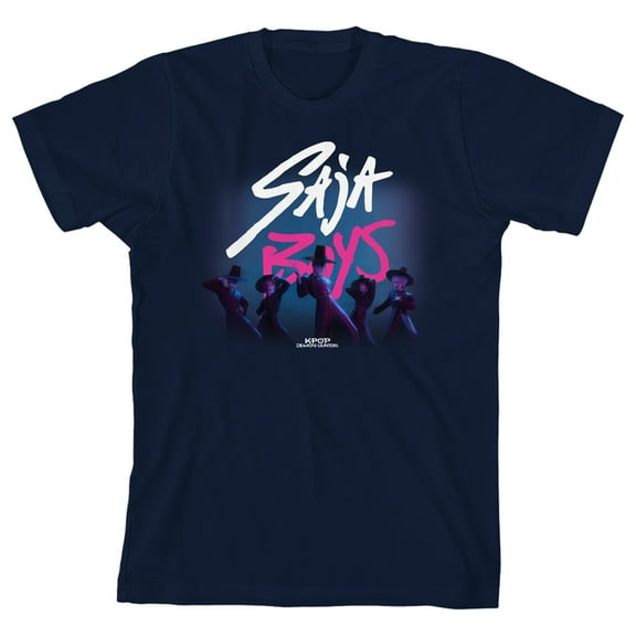 KPop Demon Hunters Saja Boys Text Logo Youth Boy Navy Blue Short Sleeve Tee-XL
