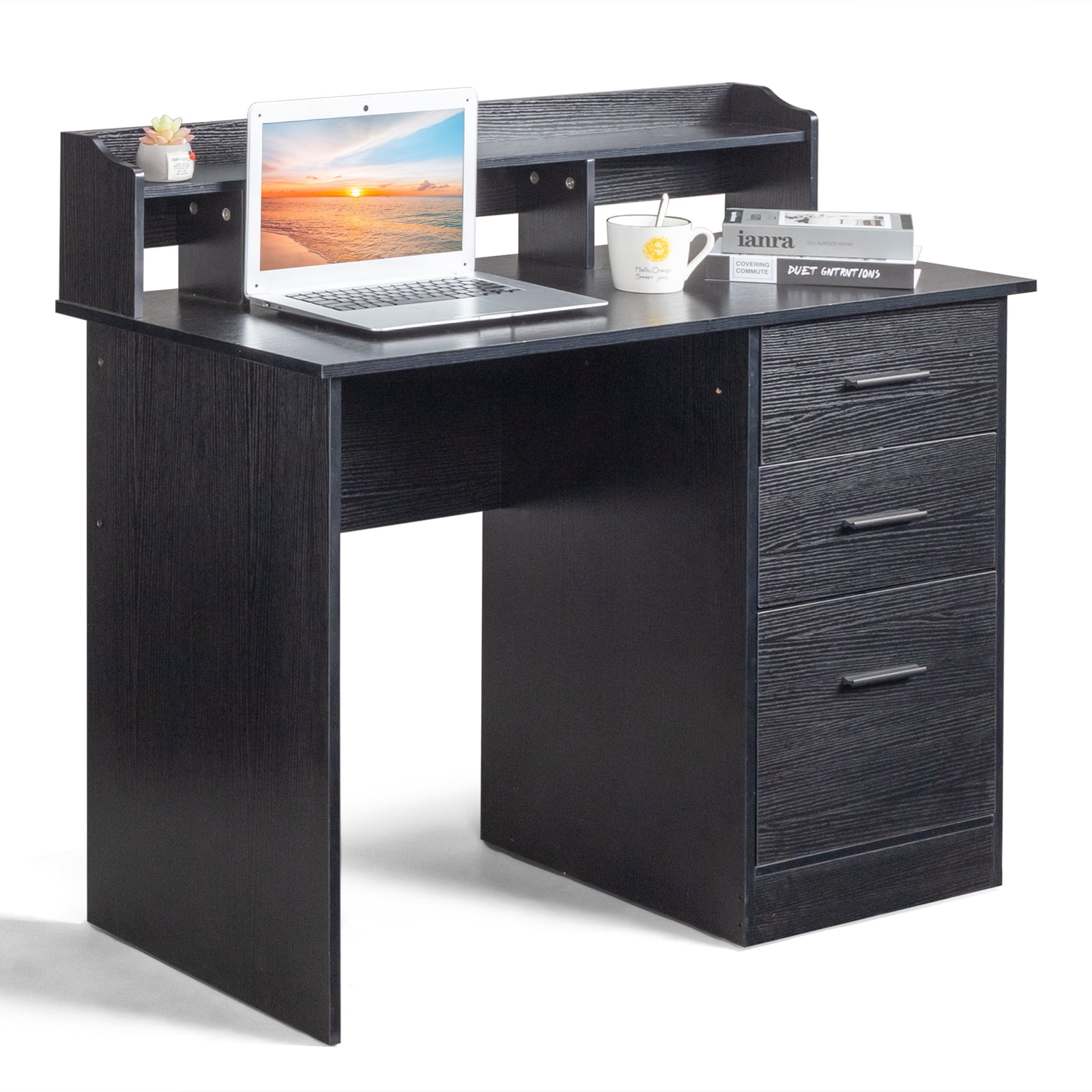 Ktaxon Wood Computer Desk Office Laptop PC Work Table, Writing Desk with 3 Drawers File Cabinet for Letter Size,Black