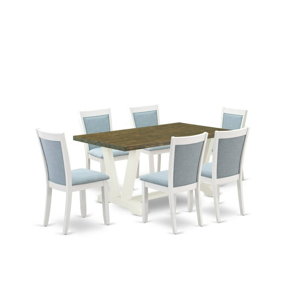 East West Furniture V-Style 7-Piece Wood Dining Set in Jacobean/White/Blue