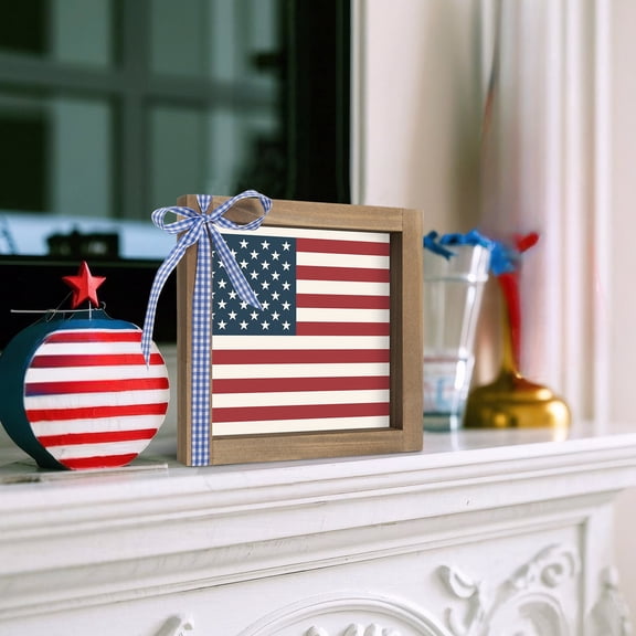 America Flag Sign Wooden Patriotic Decor, 6" Memorial Day 4th of July Decorations, Americana Independence Day Indoor Table Wall Art Shelf Tiered Tray Office Desk Rustic Farmhouse Home Decor